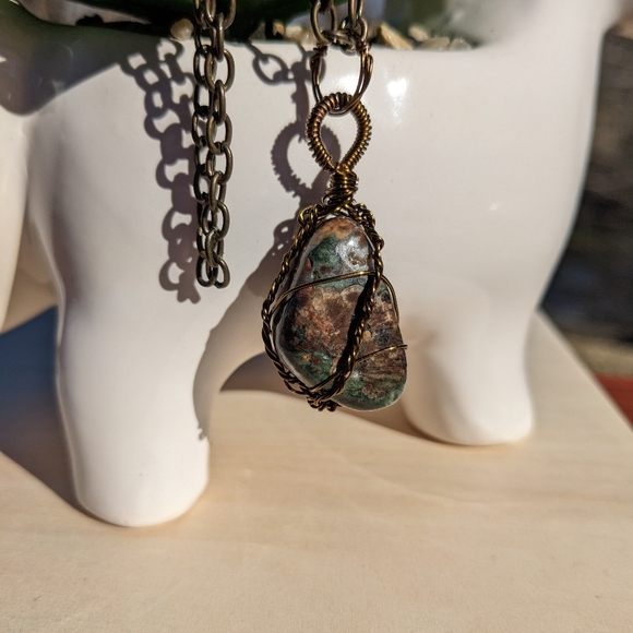 Groovy Jasper Stone Bronze Wire Wrapped Necklace Artisan Wearable Art Handmade - Picture 5 of 17